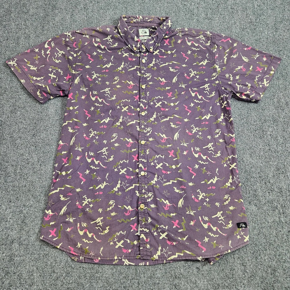 Quiksilver Button Down Shirt Mens XL Purple Abstract Print Slim Fit‎ Cotton 1866